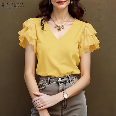 Женская повседневная блузка с V-образным вырезом, оборками и короткими рукавами для лета
