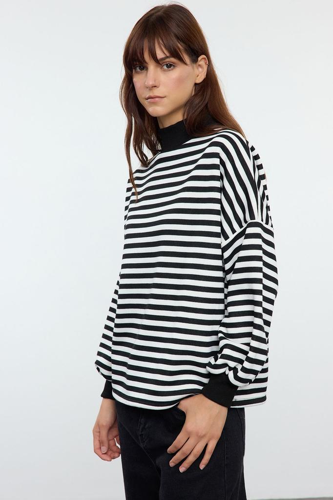 Женский модный стильный свитшот, черная базовая полосатая водолазка оверсайз, полуводолазка, толстая внутри, флисовая вязаная толстовка