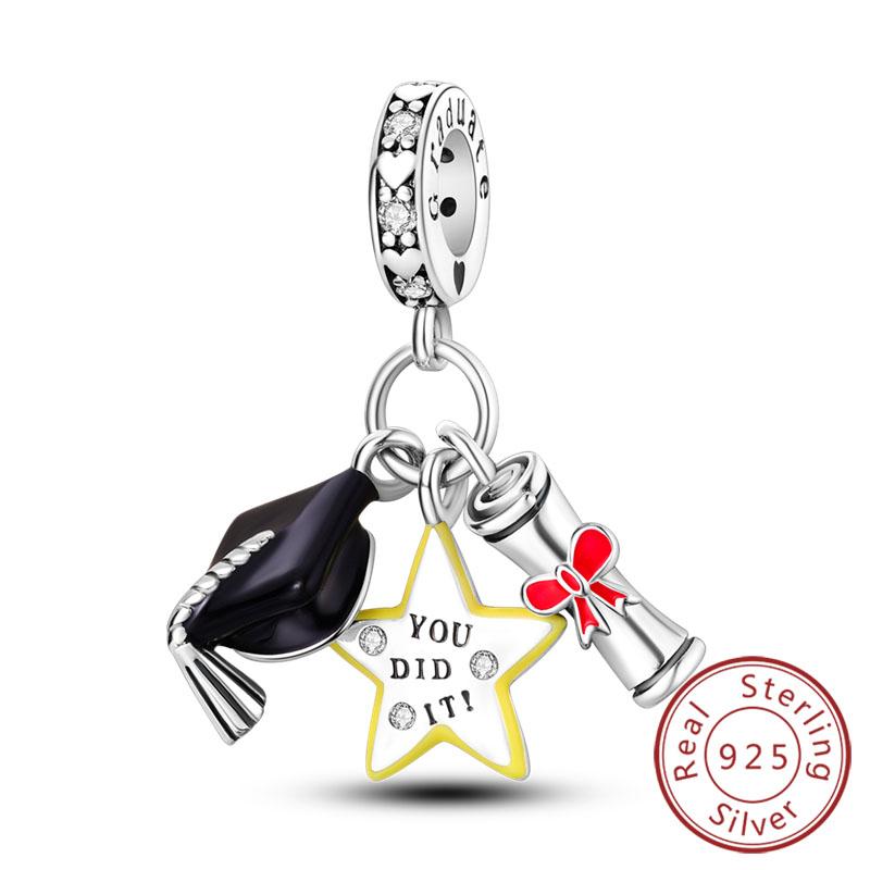 925 Silver Graduation Charms Bachelor Hat Beads Pendants Fit Bracelet DIY Jewelry Gift for Ceremony