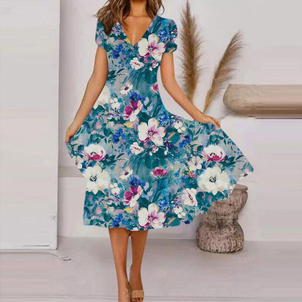 Women's Summer Casual Fashion Floral Print Short Sleeve V-Neck Swing Dress