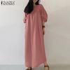 Women Casual V-Neck Loose 3/4 Sleeve Plain Long Dress
