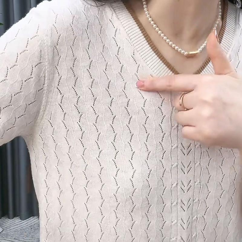 Трикотажная рубашка с V-образным вырезом и жаккардовым узором, короткий рукав, летний универсальный тонкий топ