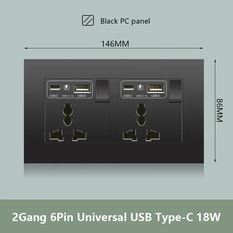 Черная настенная розетка UK 13A с USB Type C 18 Вт для быстрой зарядки, универсальная настенная розетка 220 В, электрический выключатель света