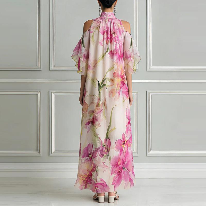 Summer Casual Floral Print Halter Neck Long Loose Dress