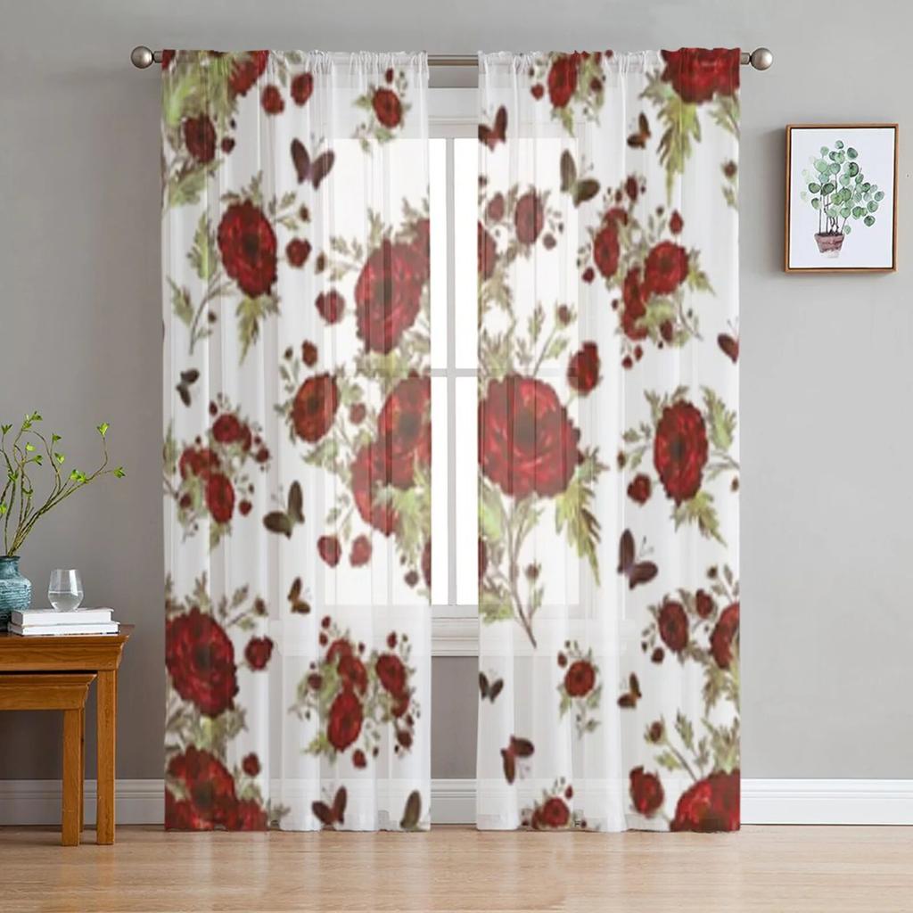 Bouquets Of Roses And Butterflies Sheer Curtains For Living Room Window Transparent Voile Tulle Curtain Bedroom Drapes