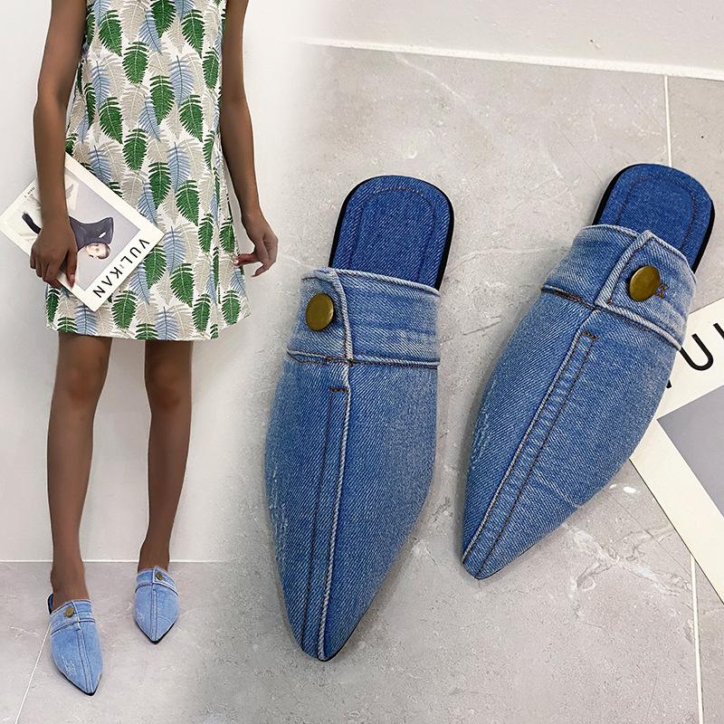 2025 Summer New Large Size Foreign Trade Design Pointed Head Bag Head Niche Denim Flat Bottom Slippers Muller Women's Shoes