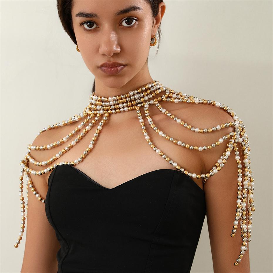 Ingemark Elegant Multilayer Imitation Pearl Shoulder Chain Necklace for Women Wed Bride Goth Tassel Neck Rave Party Body Jewelry