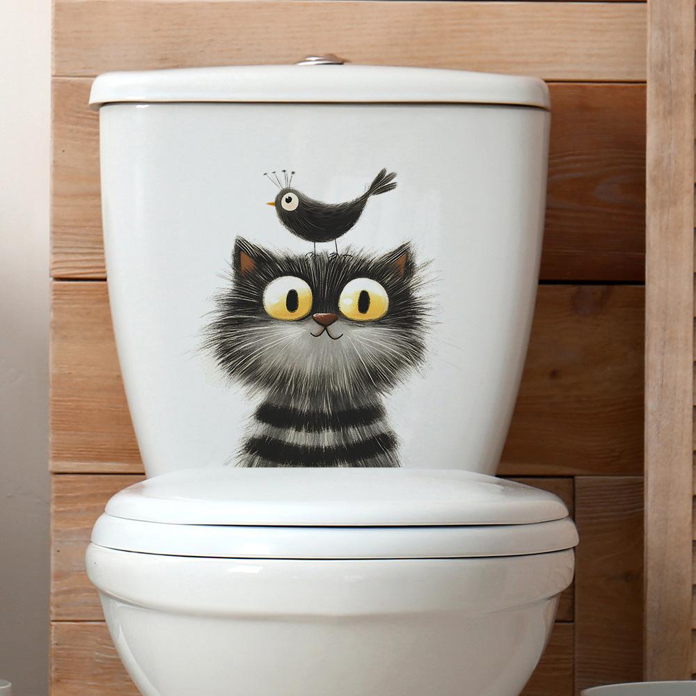 Cartoon Gray Cat and Bird Toilet Seat Sticker Bathroom Decor Playful Removable Waterproof Decal
