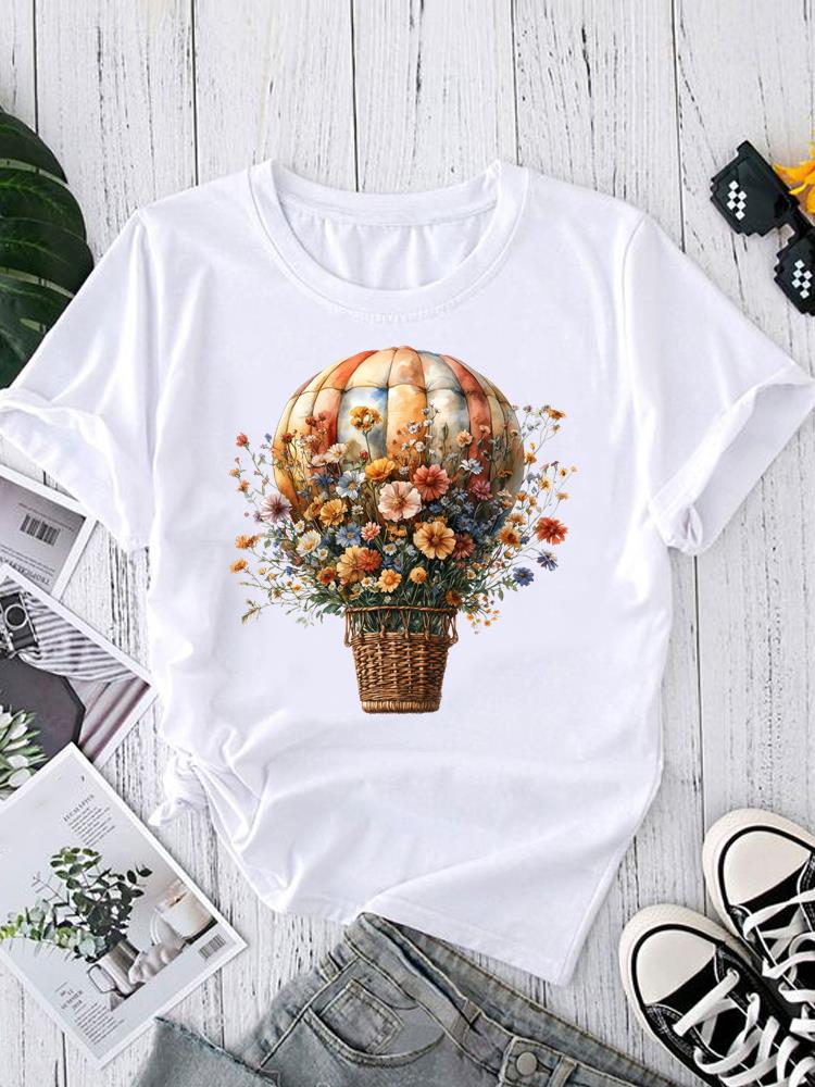 (Азиатский размер) Женский топ T-shirt тренд с перьями милый Принт Короткий рукав Футболки Мода Женский Повседневный Круглый вырез Графическая футболка