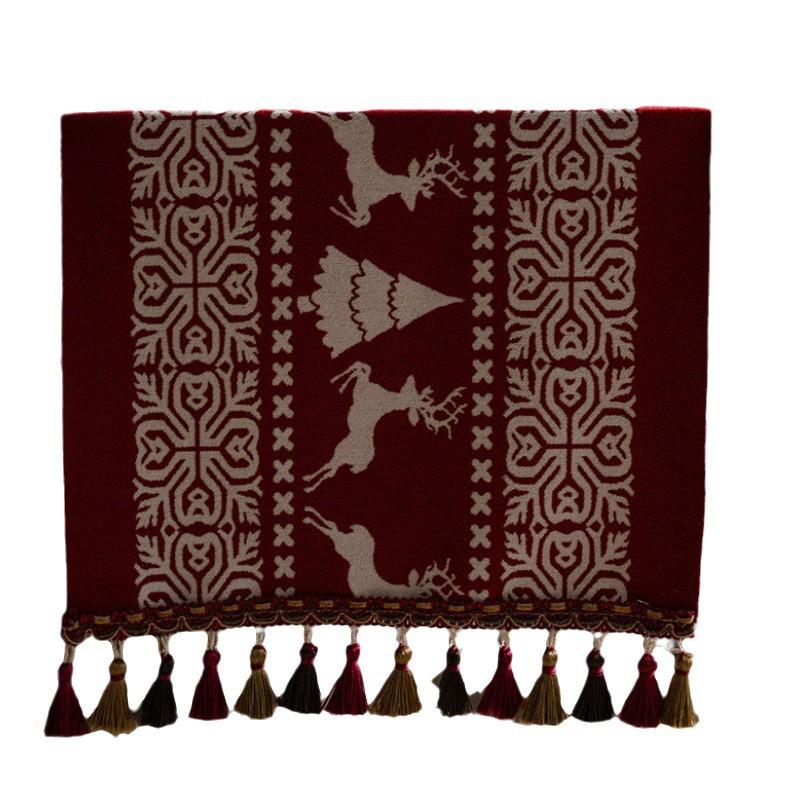 Christmas Table Runner With Woven Jacquard Snowman Deer Tassels Dining Holiday Decor