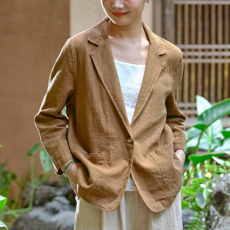 Johnature Женское винтажное льняное пальто на заказ, сплошное цветное пальто с отложным воротником и длинным рукавом, весеннее женское пальто на одной пуговице
