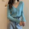 Women Autumn V Neck Long Sleeve Solid Color Cropped Single Breasted Sweater Slim Cardigan Knitwear