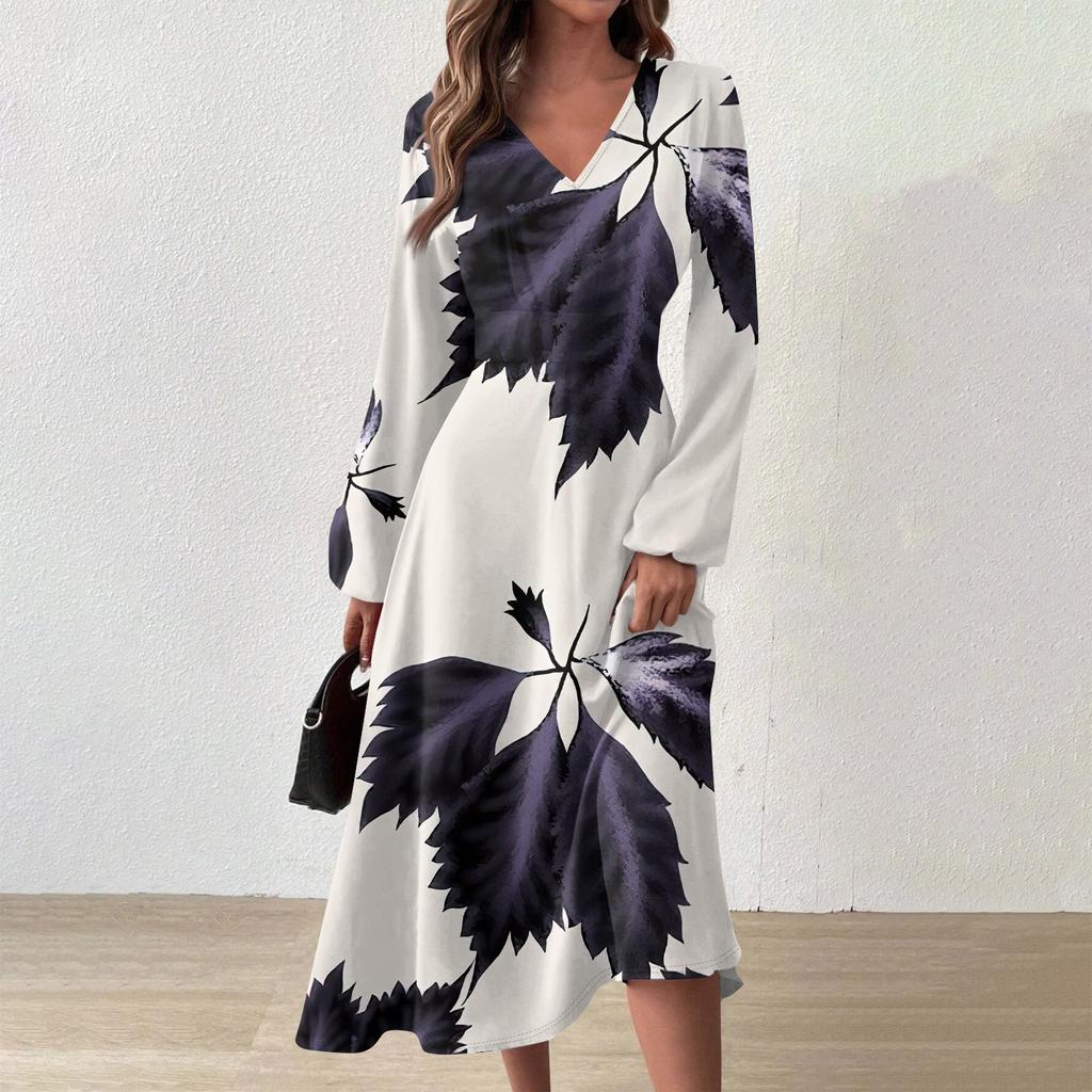 Женское осенне-зимнее повседневное модное длинное платье с v-образным вырезом и длинным рукавом с принтом дефолиации