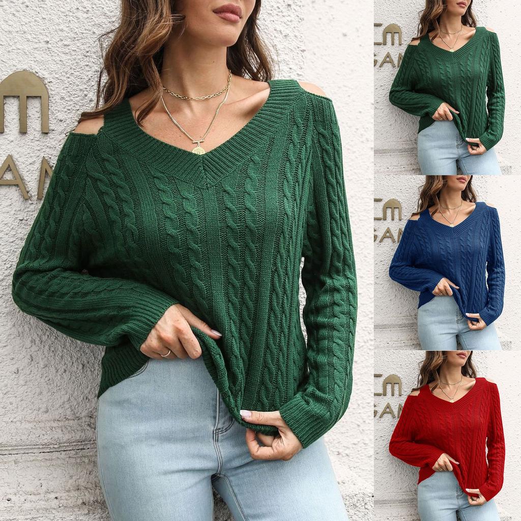 Женский свитер с открытыми плечами, V-образным вырезом, свободный, зимний, с длинным рукавом, вязаный