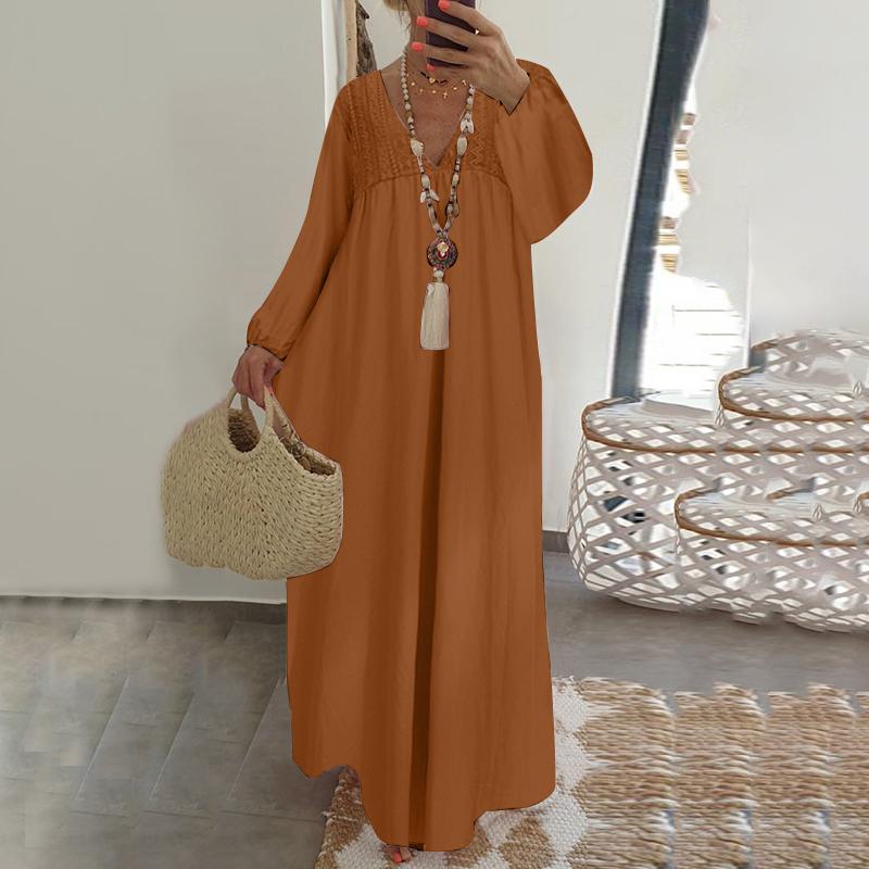 Celmia Весенняя женская мода Длинные макси с оборками праздничное платье с v-образным вырезом и рукавами-фонариками из хлопка и кружева однотонные тонкие платья повседневные свободные большие размеры