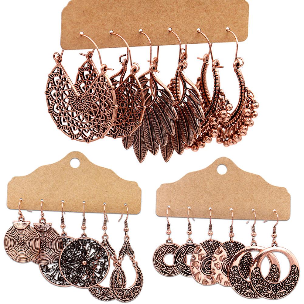 Fashion Bracelet 3Pairs Boho Gypsy Women Feather Round Hollow Dangle Hook Earrings Party Jewelry