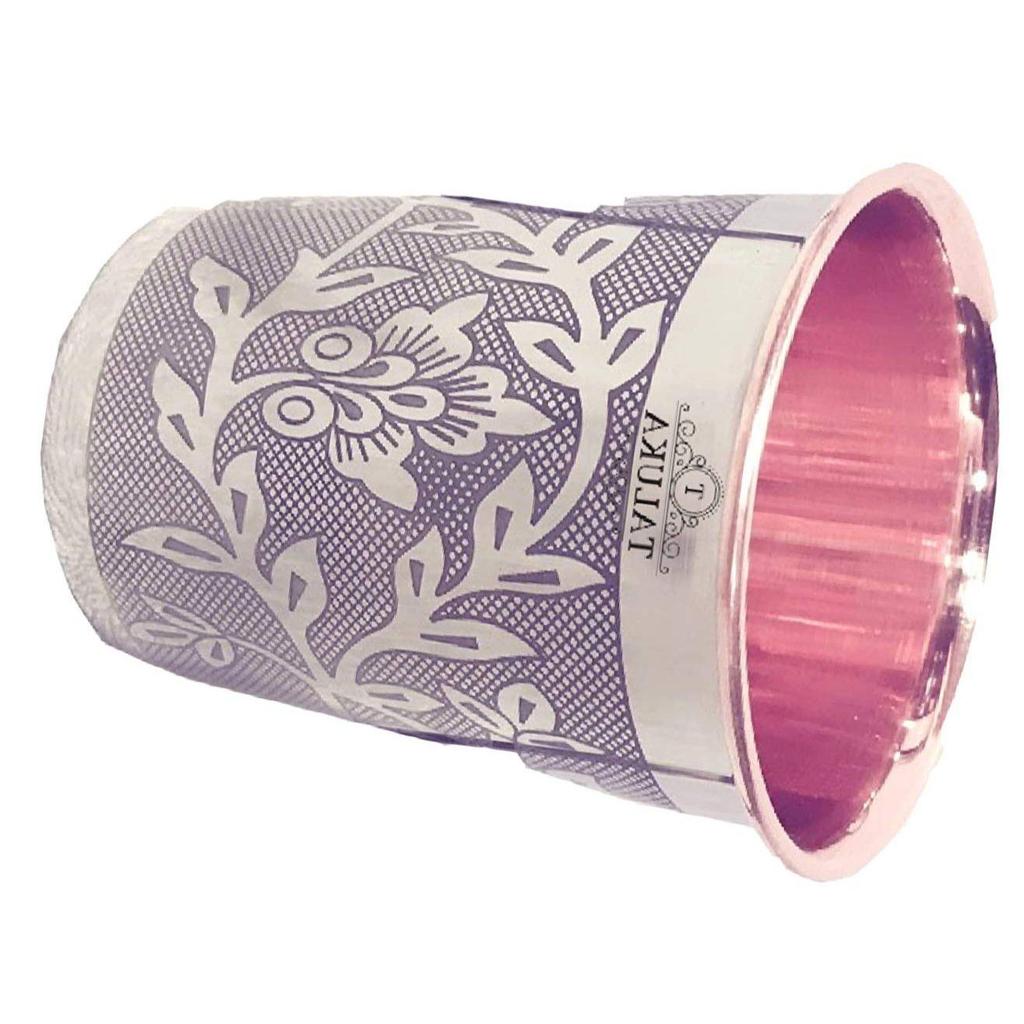 Set of 4 Etching Embossed Design Steel Copper Glass Tumbler Cup, Drinkware Serveware, Health Benefits Ayurveda Yoga