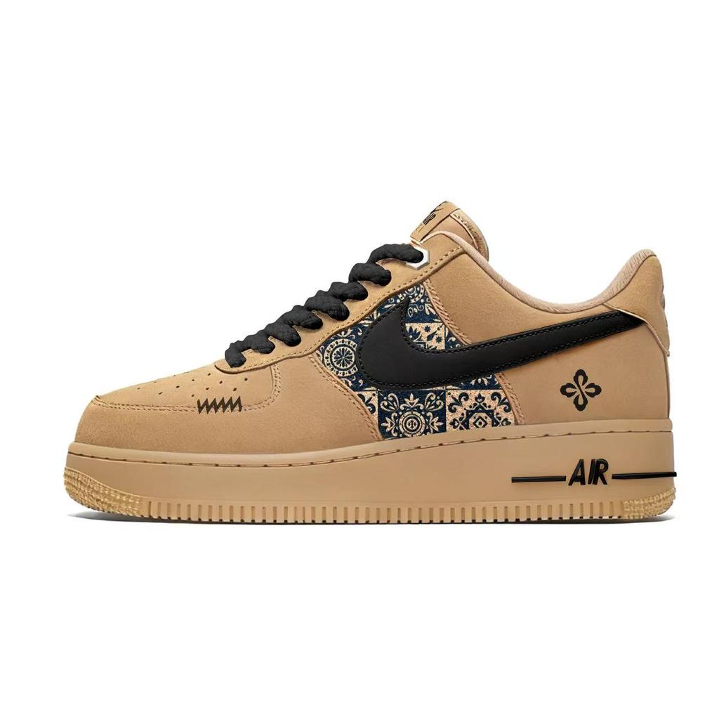 Nike Air Force 1 Коричневый с жаккардовым узором Коровья кожа Устойчивая к истиранию Легкие Низкие Кроссовки для скейтбординга Унисекс CJ9179-200(Team675-S-BOX)