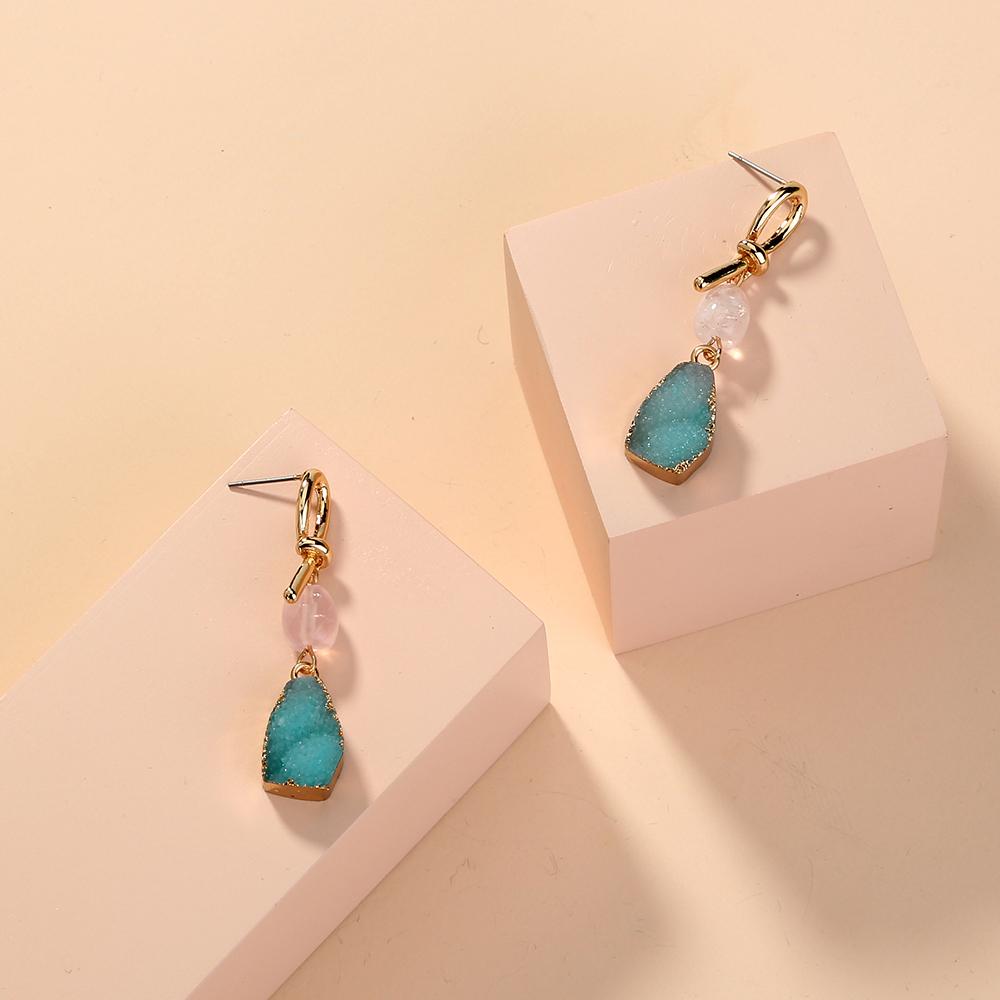 Bisaer Blue Imitation Natural Stone & Pink Imitation Pearls Stud Earrings for Women Fine Jewelry