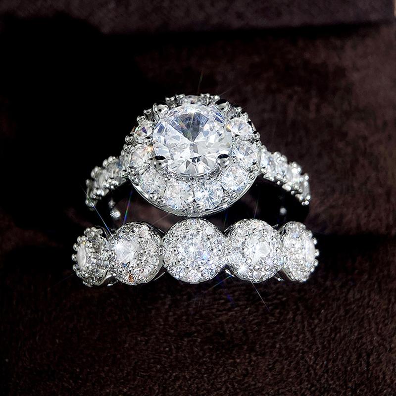 Huitan 2Pcs Модный набор колец для женщин Роскошная инкрустация блестящий кубический цирконий свадьба помолвка вечеринка женские кольца ювелирные изделия