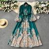 Women's Fashion Spring Fall Flower Pattern Print Long Sleeve O-Neck High Waist Casual Dresses