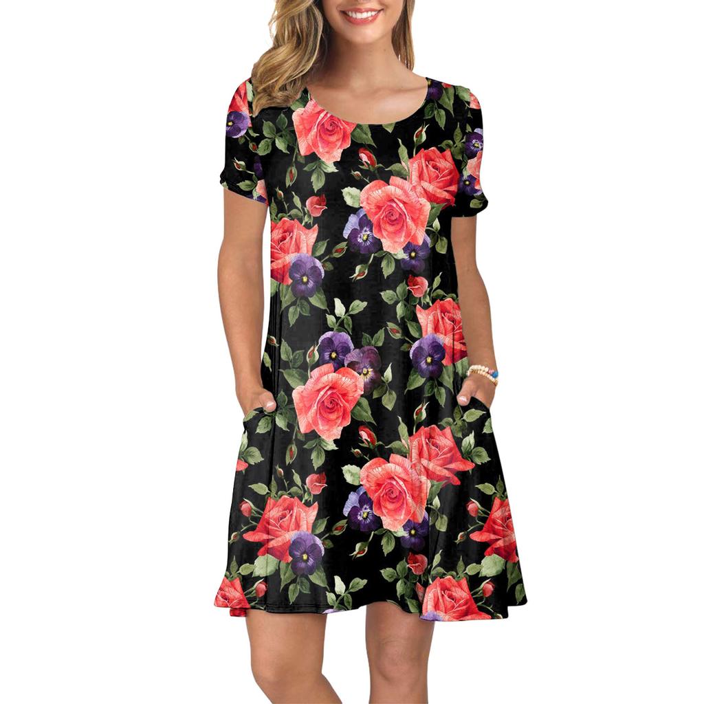 Women Summer Short Sleeve Flower Printed Pockets Sundress Casual Swing Dress