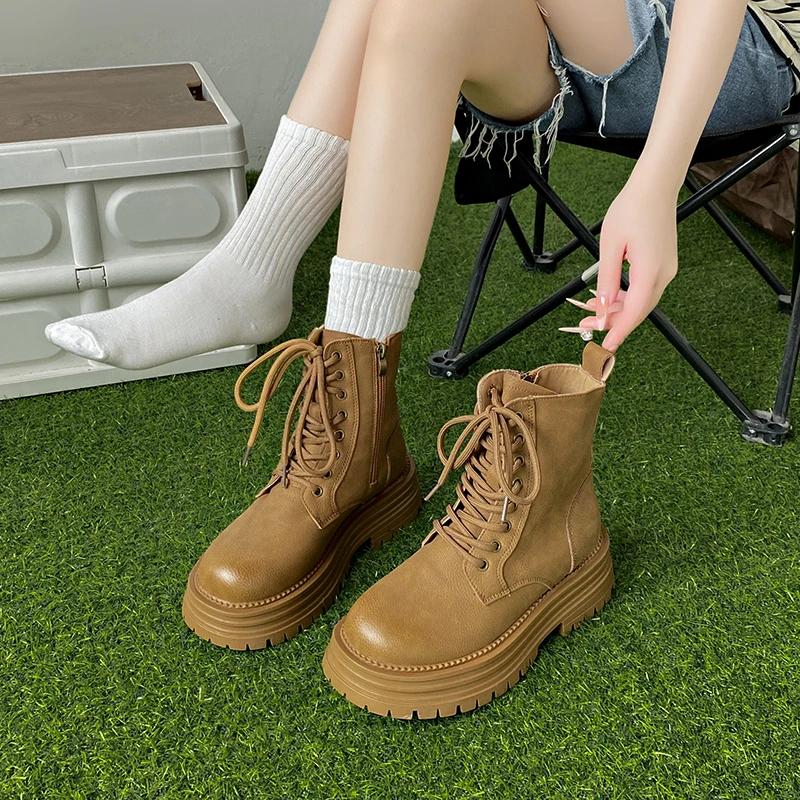 Распродажа модной женской обуви 2024 года, модные женские ботинки с боковой молнией, осенние ботинки в британском стиле с круглым носком, короткие ботинки на платформе со шнуровкой