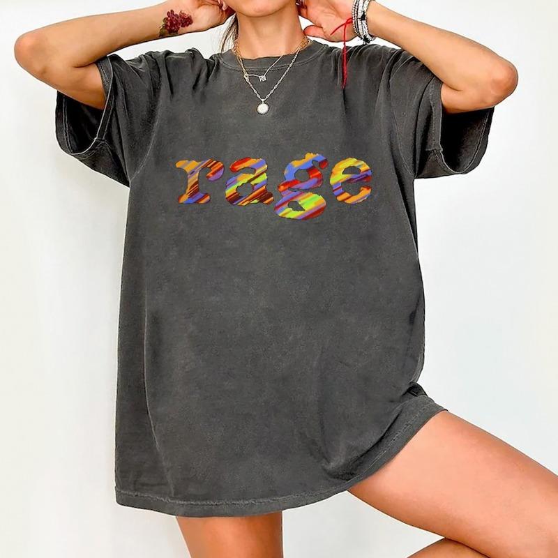 Y2K 90s Retro T Shirt with Rage Print & 90s Iconic Colors Women Men Cotton Tee Casual Summer Oversized O-Neck Novelty Streetwear