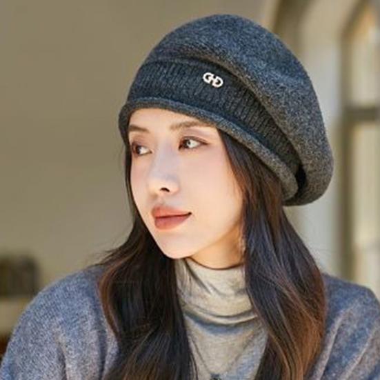 Ladies Winter Pile Hat Baggy Knitted Solid Color Elastic Retro Style Women Cap Anti-slip Warm Beret for Outdoor Activities Daily Wear