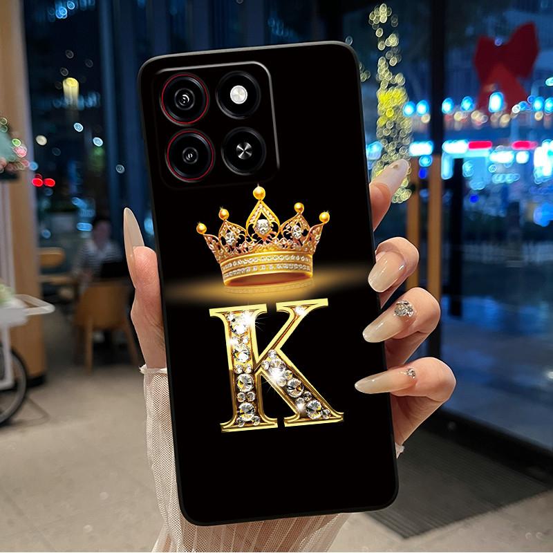 Cool Lucky A-Z Letter Phone Case For ZTE Blade A35/A55 Soft Silicone Black Case Shockproof Luxurious Glitter Crown Shell
