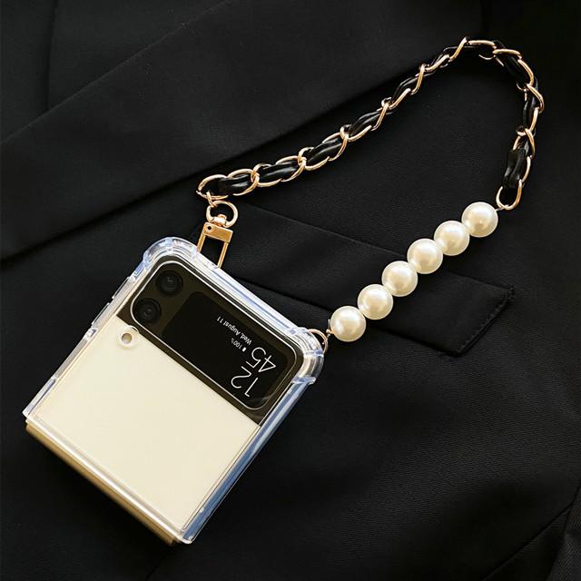 Симпатичный кожаный браслет-цепочка с бусинами, медведем и цветком, чехол для телефона для Samsung Galaxy Z Flip 4 Z Flip 3, прозрачный противоударный Z-откидной чехол Para