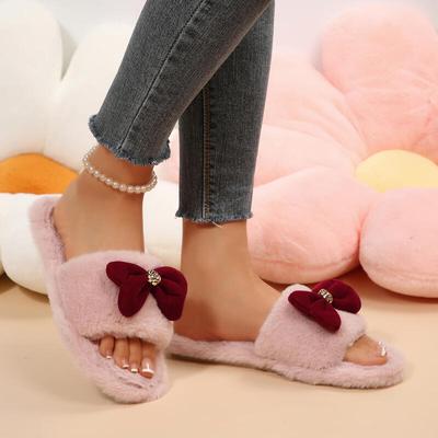Милые розовые пушистые комнатные тапочки с бантиком для женщин 2025 Зима Мягкая толстая подошва Нескользящие домашние шлепанцы Теплые короткие плюшевые домашние туфли