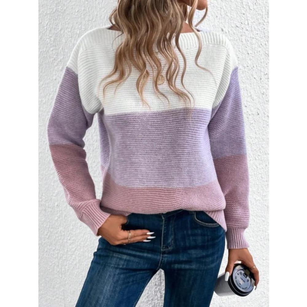 Elegant Three-color Patchwork Sweater Women Daily Commuter Casual Loose Jumpers Female Autumn Winter Knitted Thickened Warm Tops