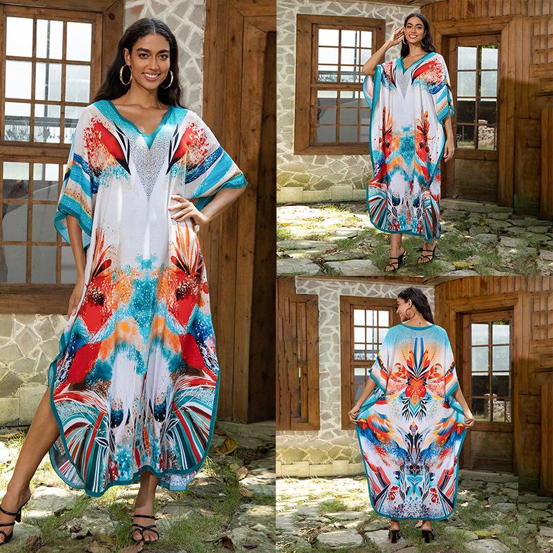 European-American Cotton Print Loose Plus Size Long Dress Beach Cover-Up Robe Style