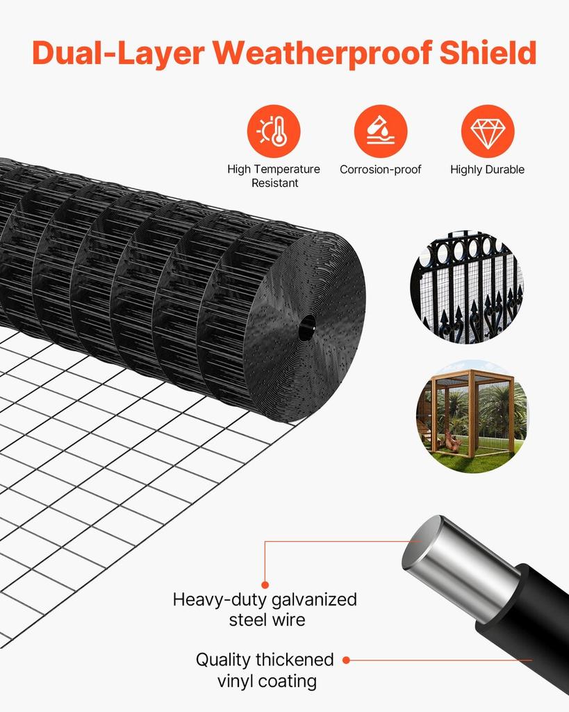 Hardware Cloth 61cm x 7.62m, 2 x 3 in Mesh 16 Gauge Galvanized Wire Mesh Roll, Weather-Resistant Vinyl Coated Chicken Wire Fencing, Heavy Duty Welded