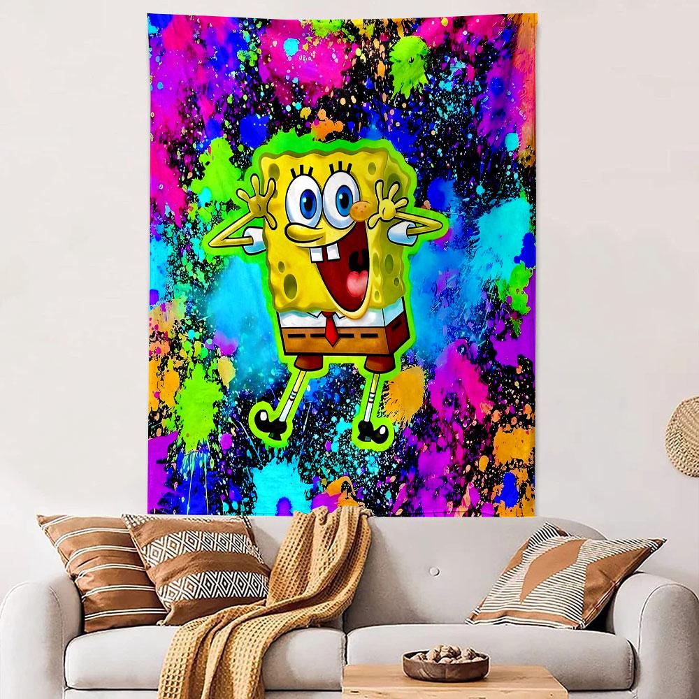 Colorful SpongeBob Splash Art Patterned tapestry home decor, suitable for bedroom and living room, gift