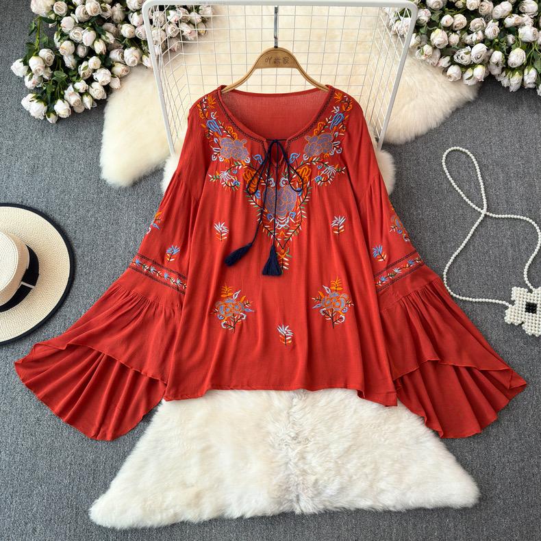 Блузки с вышивкой в богемном этническом стиле, блузка с расклешенными рукавами на шнуровке и круглым вырезом, летние топы для пляжного отдыха и отдыха