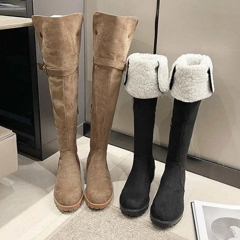 Зимние меховые женские сапоги выше колена, модные меховые замшевые короткие плюшевые длинные ботинки, обувь на квадратном каблуке, женская обувь 2024 года