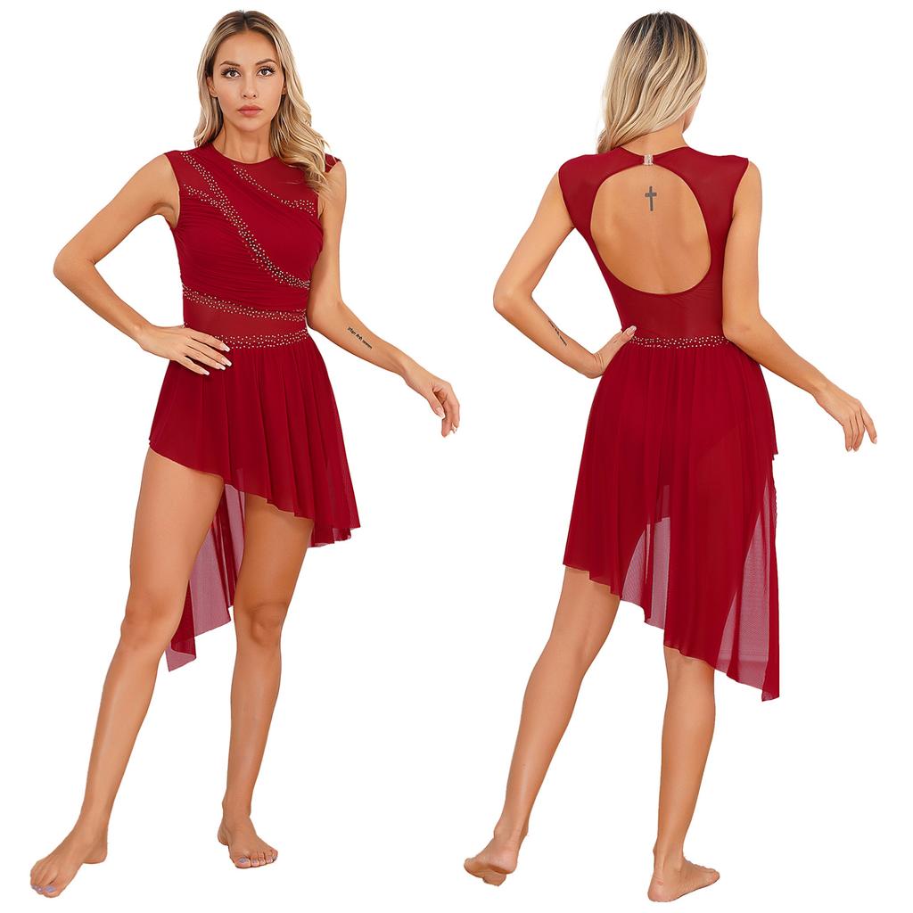 Women's Lyrical Latin Dance Dresses Asymmetric Skirted Leotard Modern Contemporary Dancing Costume