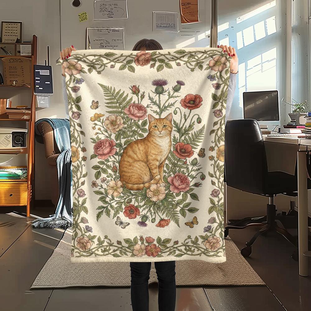 Cat Flower Print Flannel Blanket, High quality Comfortable for All Seasons, Home Decor, Warmth and Comfort, Perfect for Christmas Gifts44