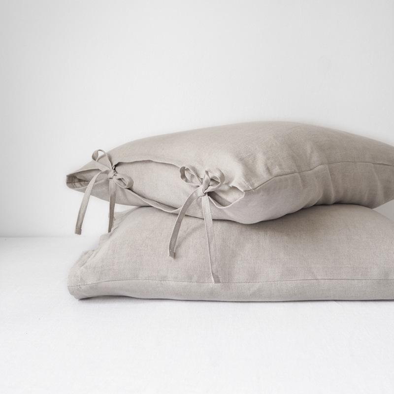 French Pure Linen Pillowcase Pair, Tie Closure, Skin-Friendly, Solid Color, 48x74 cm, Customizable, Ideal for Spring/Summer Home Use.