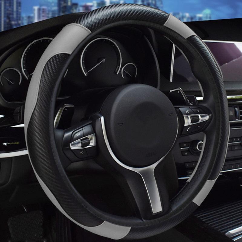 Car Steering Wheel Cover - Elastic, Lineless, Carbon Fiber Pattern Leather, All-Season Universal