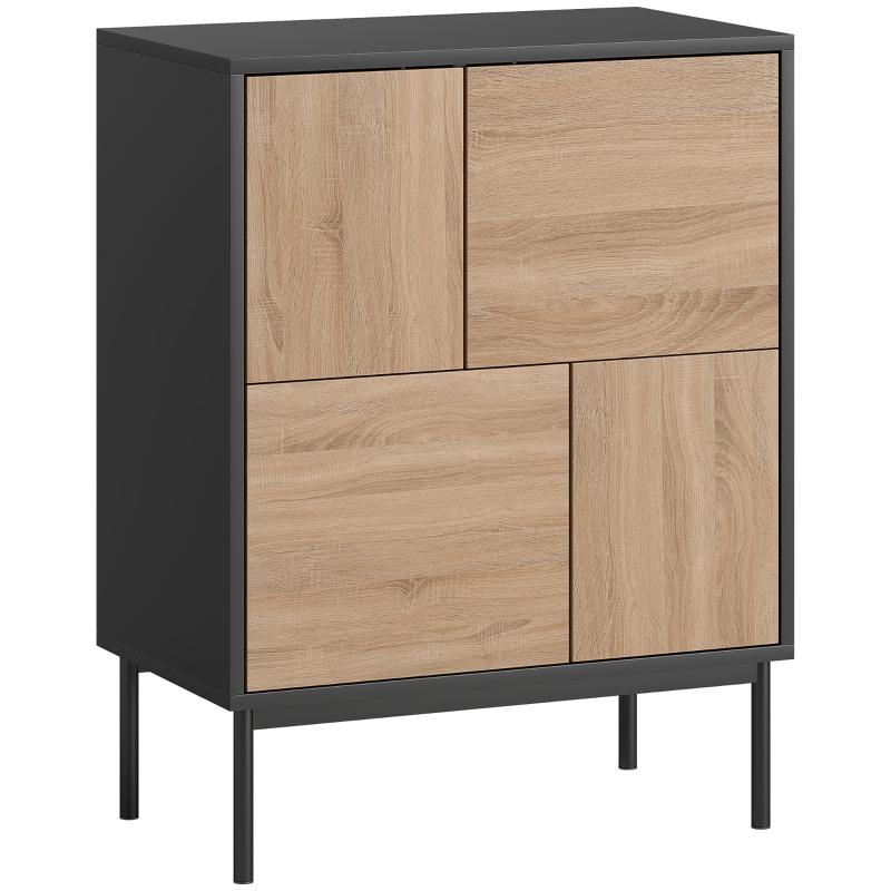 Sideboard with push-to-open doors. Dining room cabinet with metal legs. Kitchen cabinet. MDF. Black + natural wood