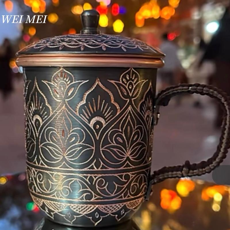 Кружка из чистой меди, случайный винтажный узор, с крышкой, пивная кружка, ручная работа, резка, уникальная цветочная текстура, арт-подарок, кофейная кружка, посуда