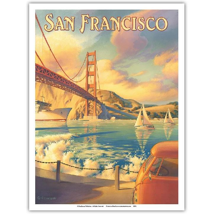 San Francisco California - Golden Gate Bridge - Marin Headlands - Vintage Travel Poster by Kerne Erickson - Master Art Print (Unframed) 9in x 12in