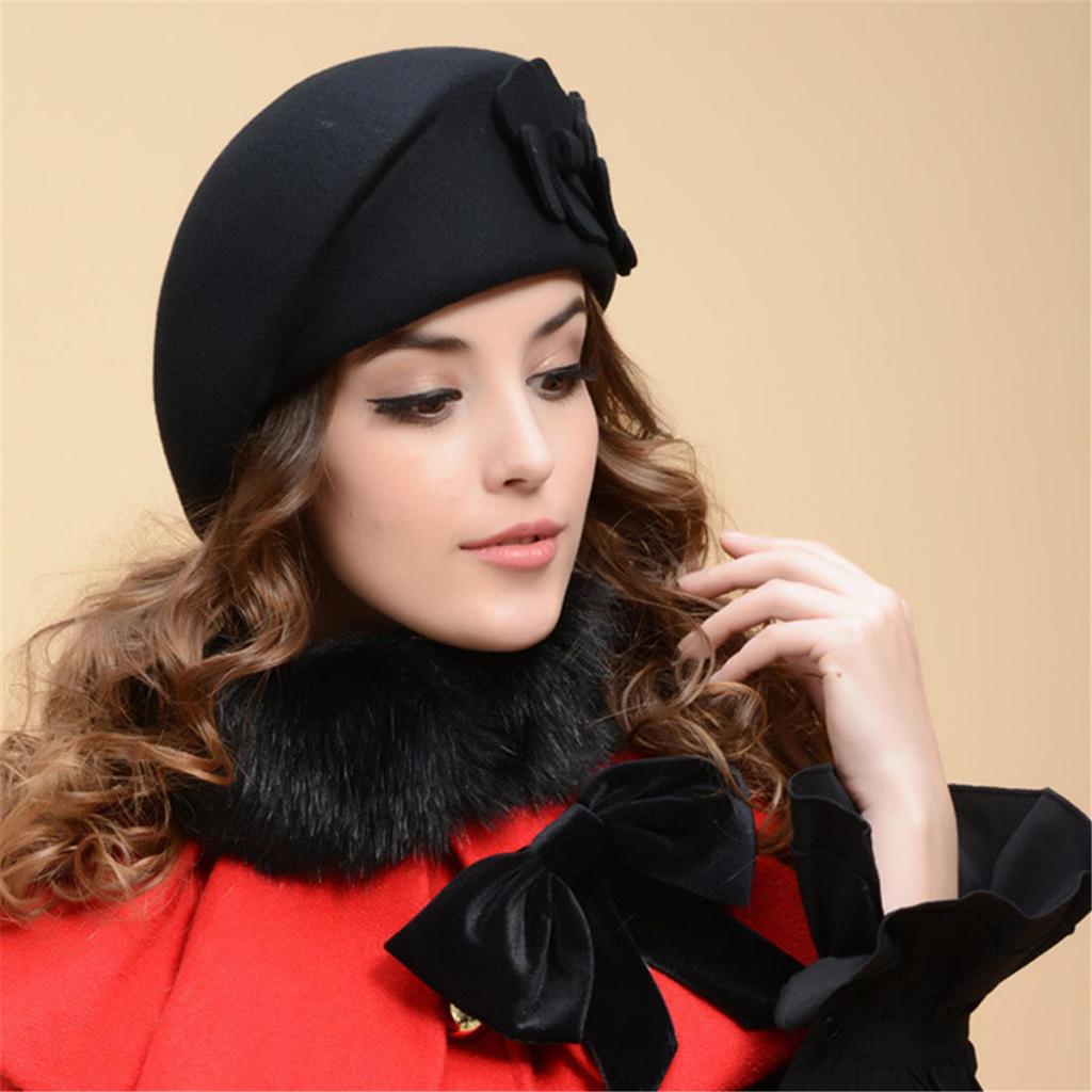 Elegant British Style Double Flower Woolen Beret Hat Ladies Winter Wool Felt Hat Airline Stewardess Cap