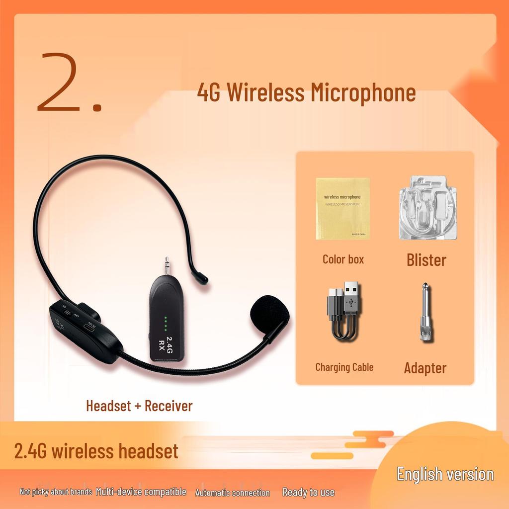 2.4G Wireless Teacher's Microphone Set with Amplifier, Headset, Boom Pole, and Speaker.