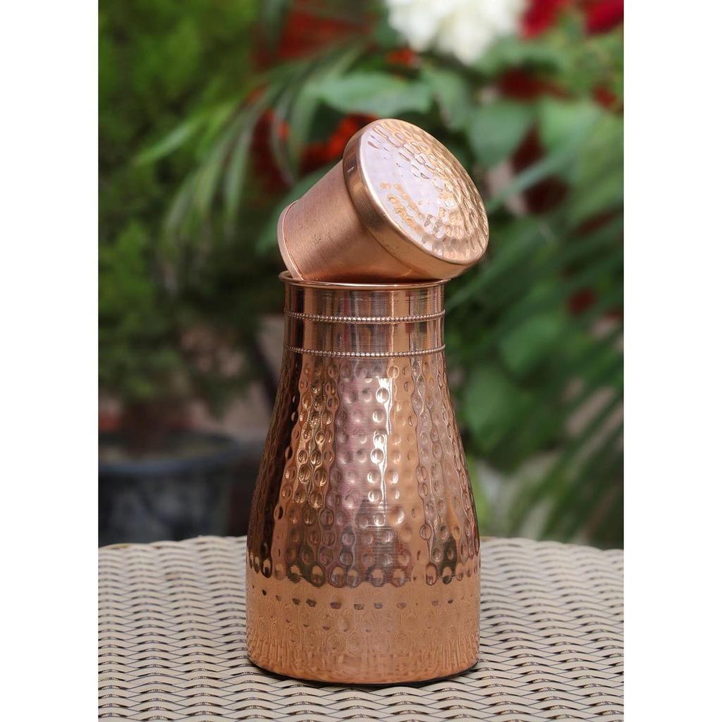 Hammered Copper Water Bottle Jar - 1L | With Inbuit Glass In Lid | Antique Hammered Design