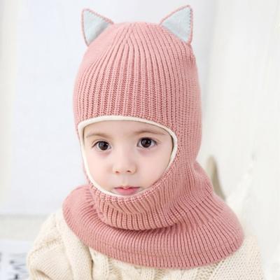 Однотонные вязаные детские шапки Согревающие Милые шапки с ушками кошки Модные теплые флисовые шапки Детская одежда
