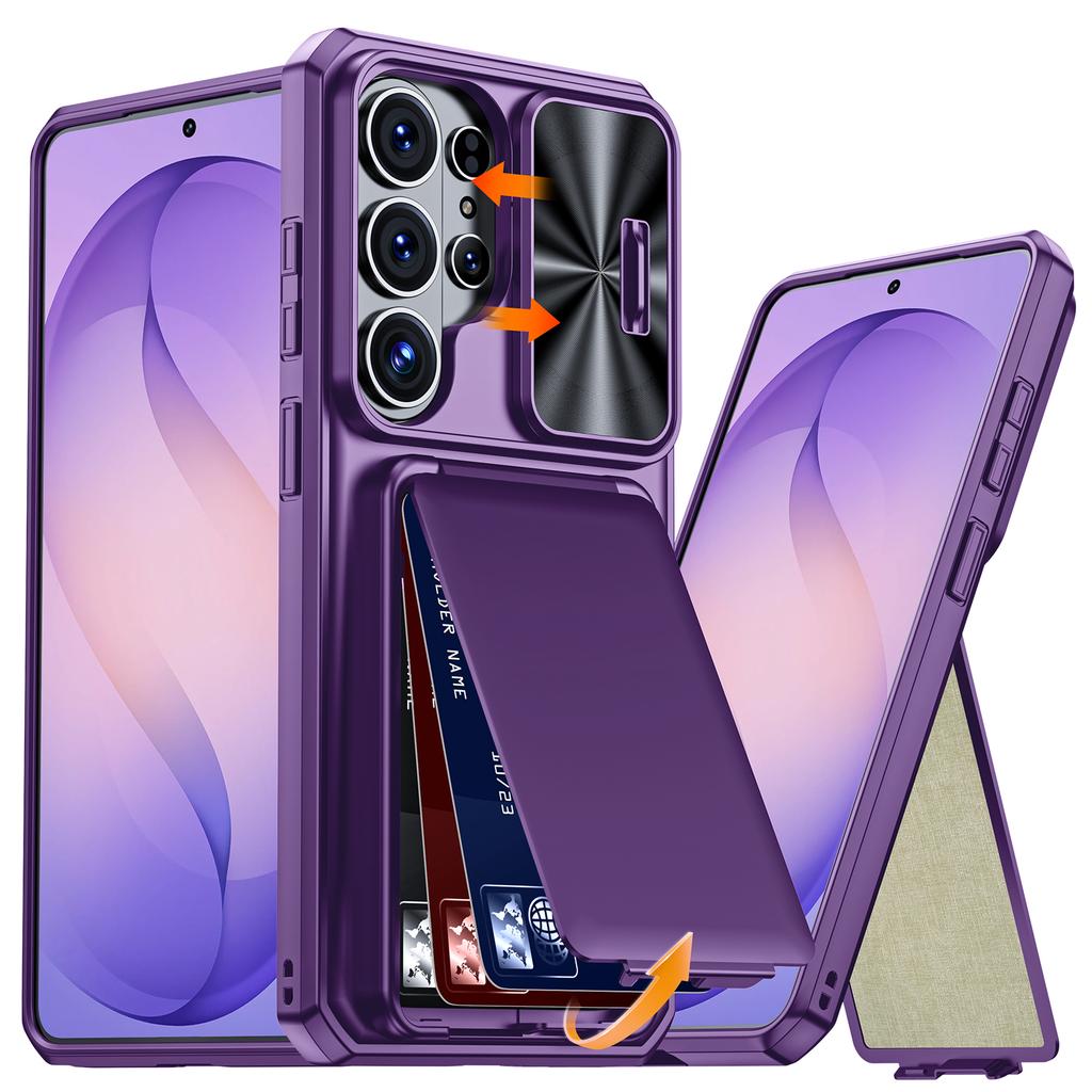 Чехол-кошелек синего цвета для телефона Samsung Galaxy S26 Ultra со слотом для карт, выдвижной крышкой для камеры и подставкой, противоударный PC+TPU